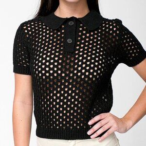 American Apparel Open Weave Knit Crop Tennis Shirt Sweater Top Black - M